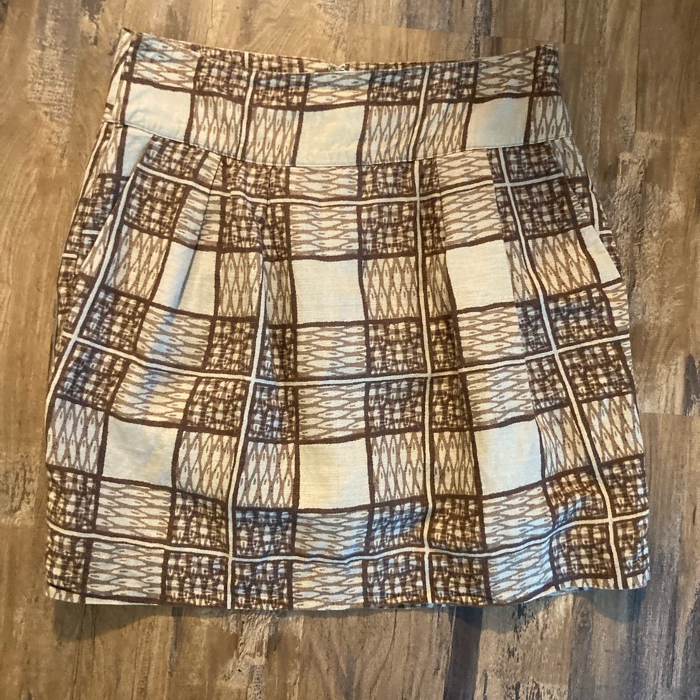 Banana Republic Vtg Cocoa & Beige Linen Blend Plaid Tribal Mini Skirt Office EUC